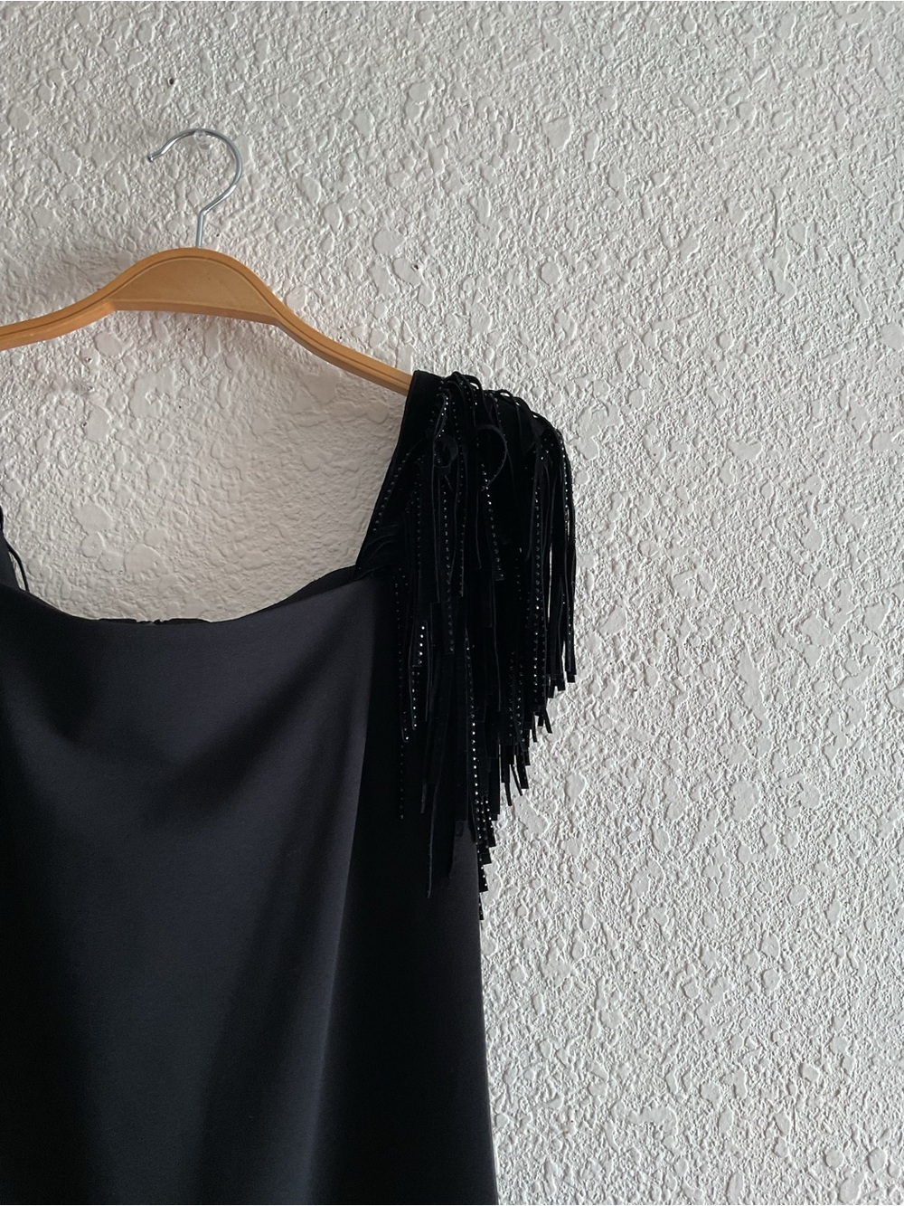 DKNY Black Mini Dress with Beaded Fringe Shoulders - Picture 2 of 5